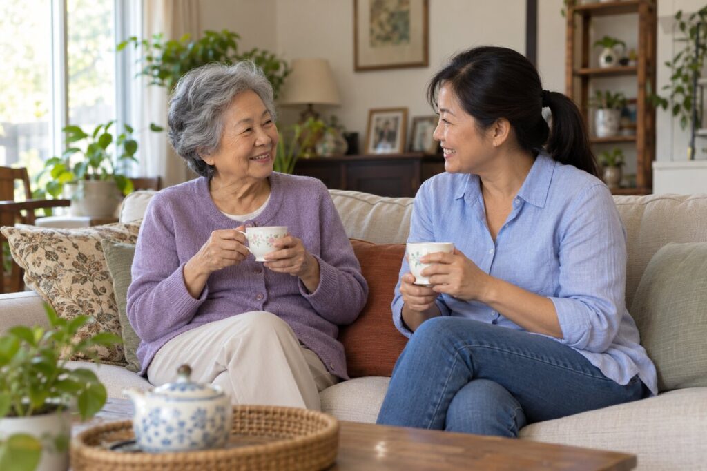 Illustration of an older woman and caregiver enjoying tea and conversation at home.
