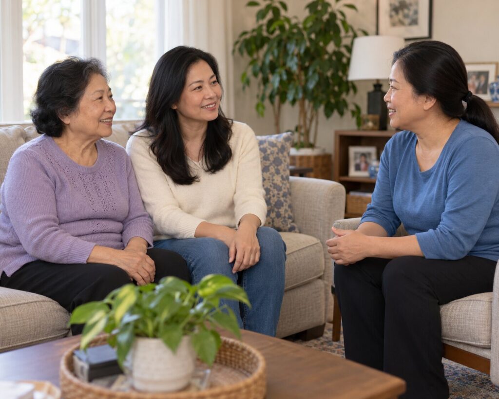 Illustration of an older woman and her adult daughter talking with a caregiver at home.